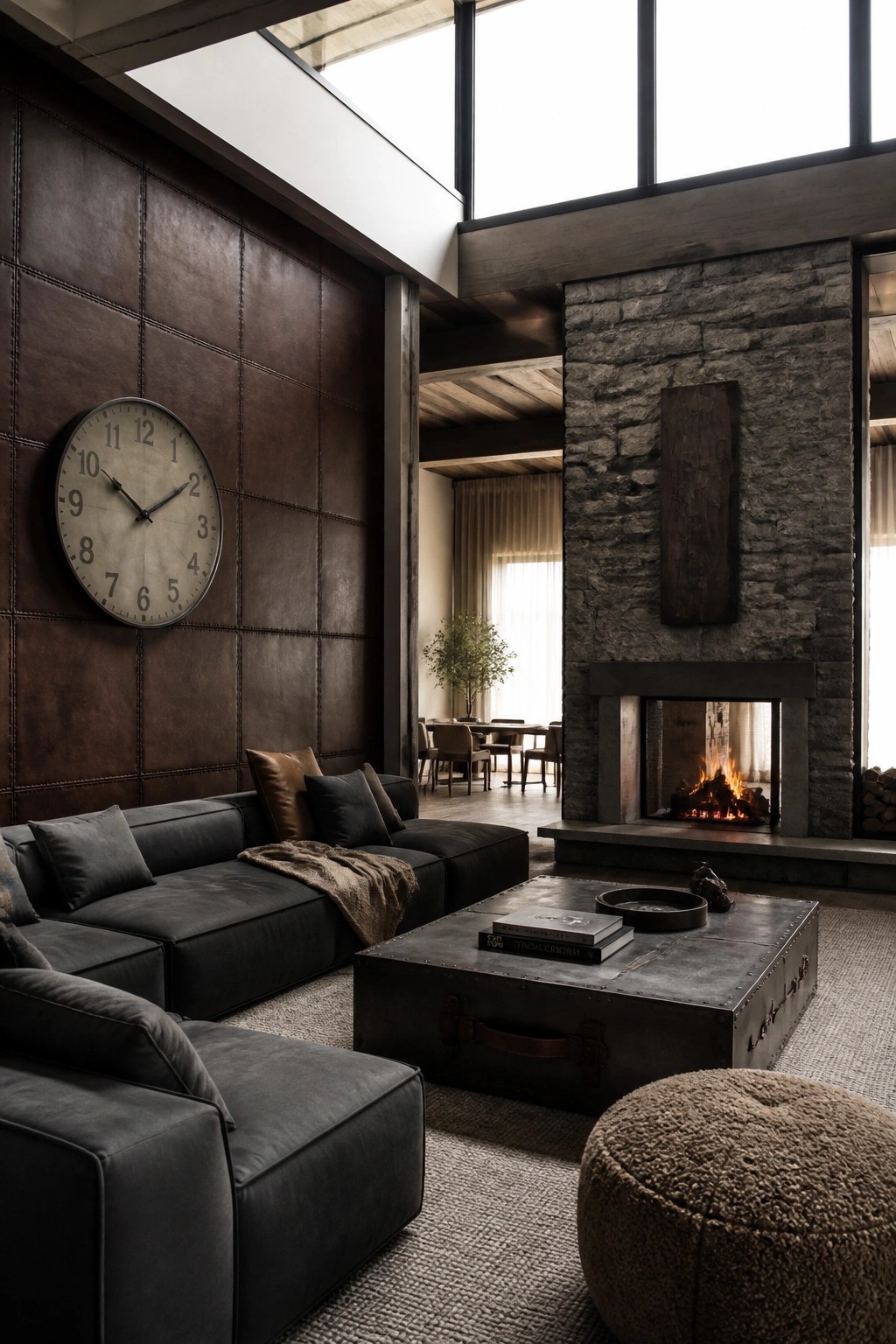 A living room featuring a large dark leather paneled wall with a round clock, a black sectional sofa, a stone fireplace, and a metal trunk-style coffee table.