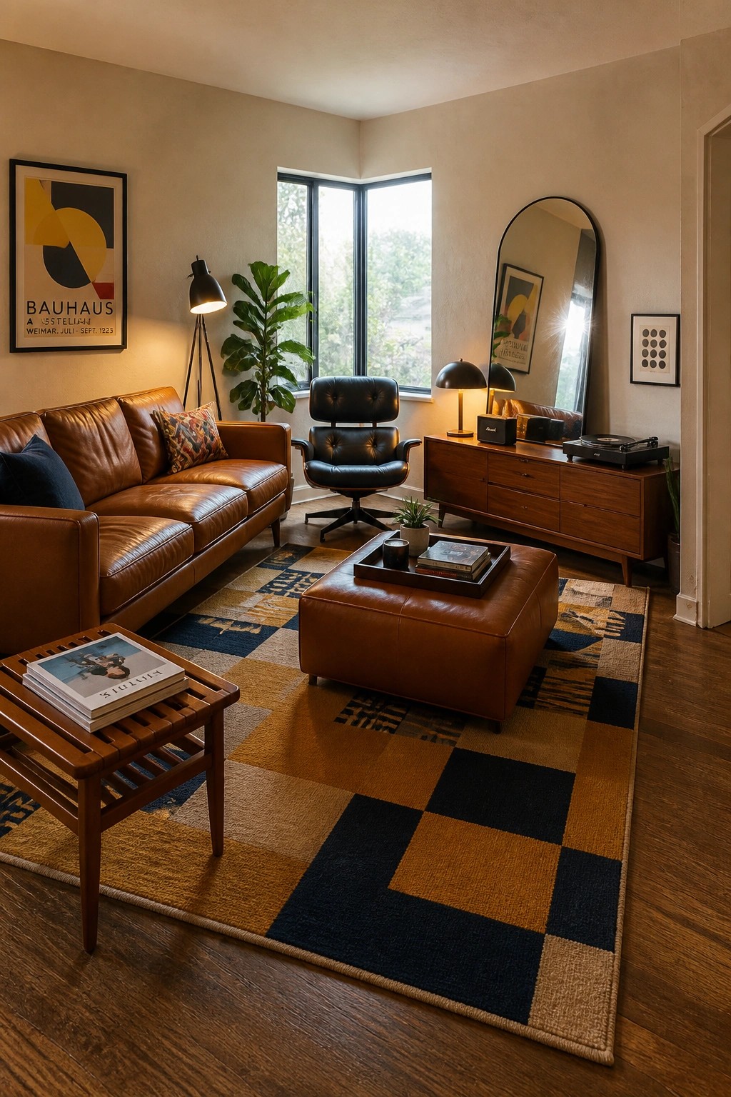 A living room featuring a brown leather sofa, a large brown leather ottoman, a black leather lounge chair, and a geometric patterned rug on hardwood flooring.