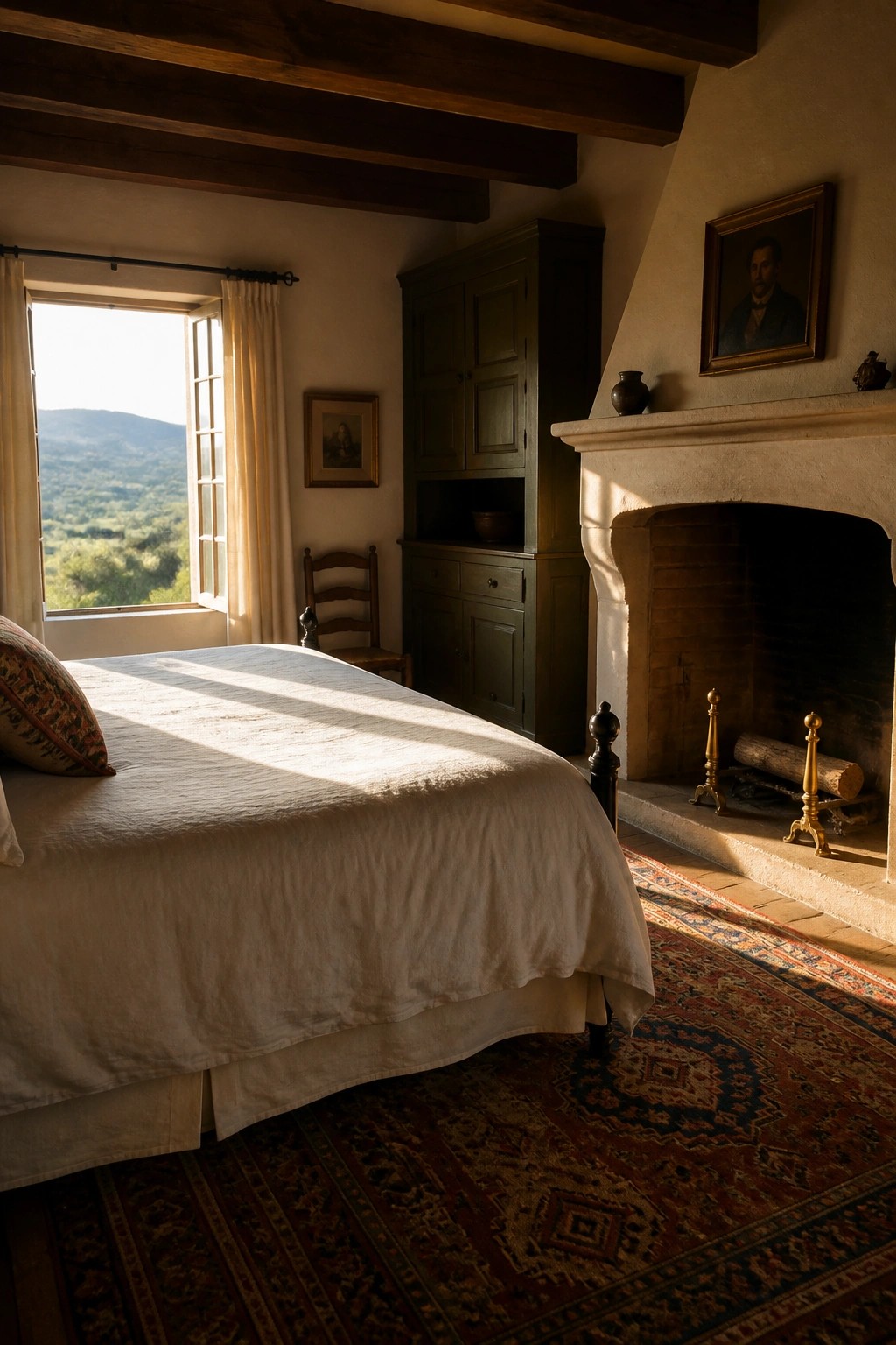 A bedroom with a bed covered in white linens positioned near a large stone fireplace, with sunlight coming through an open window and a dark green cabinet against the wall.