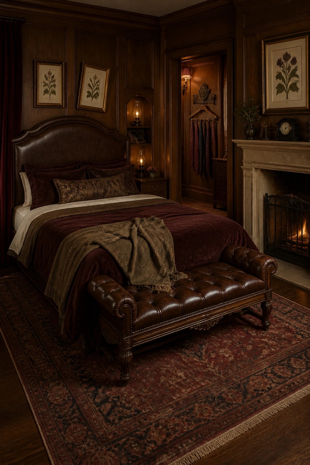 A bedroom with dark wood paneling, a large bed dressed in burgundy and brown bedding, a tufted leather bench at the foot of the bed, and a fireplace to the right.