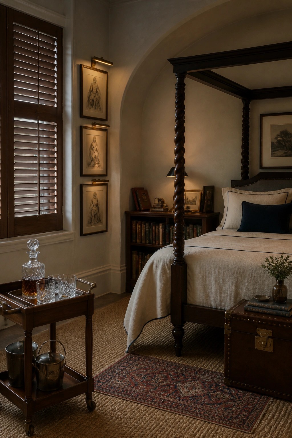 A bedroom featuring a dark wood four-poster bed, a rolling bar cart with a decanter and glasses, built-in bookshelves, and framed drawings on the wall.