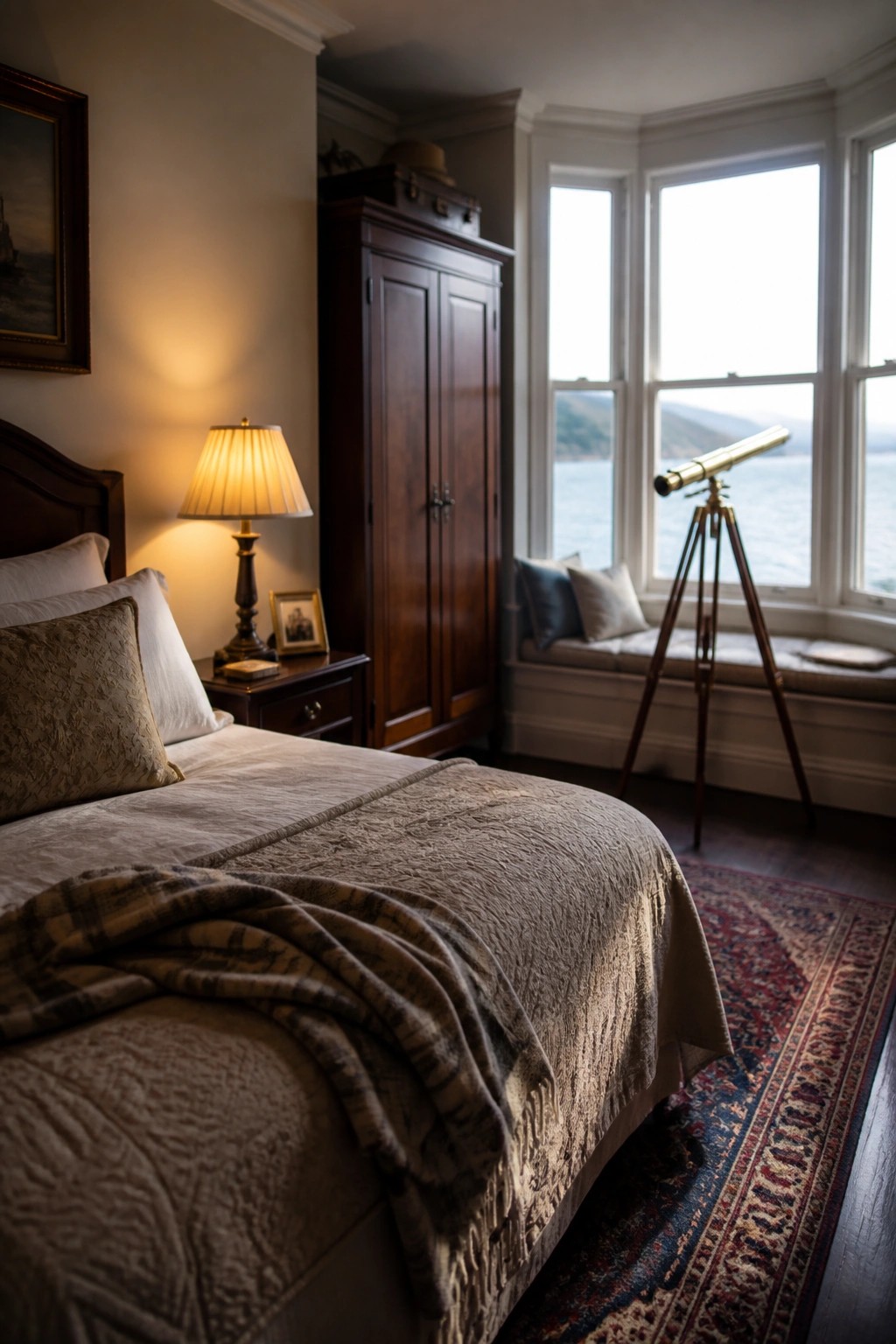 A bedroom interior with a tall dark wood wardrobe beside a bed with neutral linens, a lit table lamp, and a telescope near a window seat overlooking water.