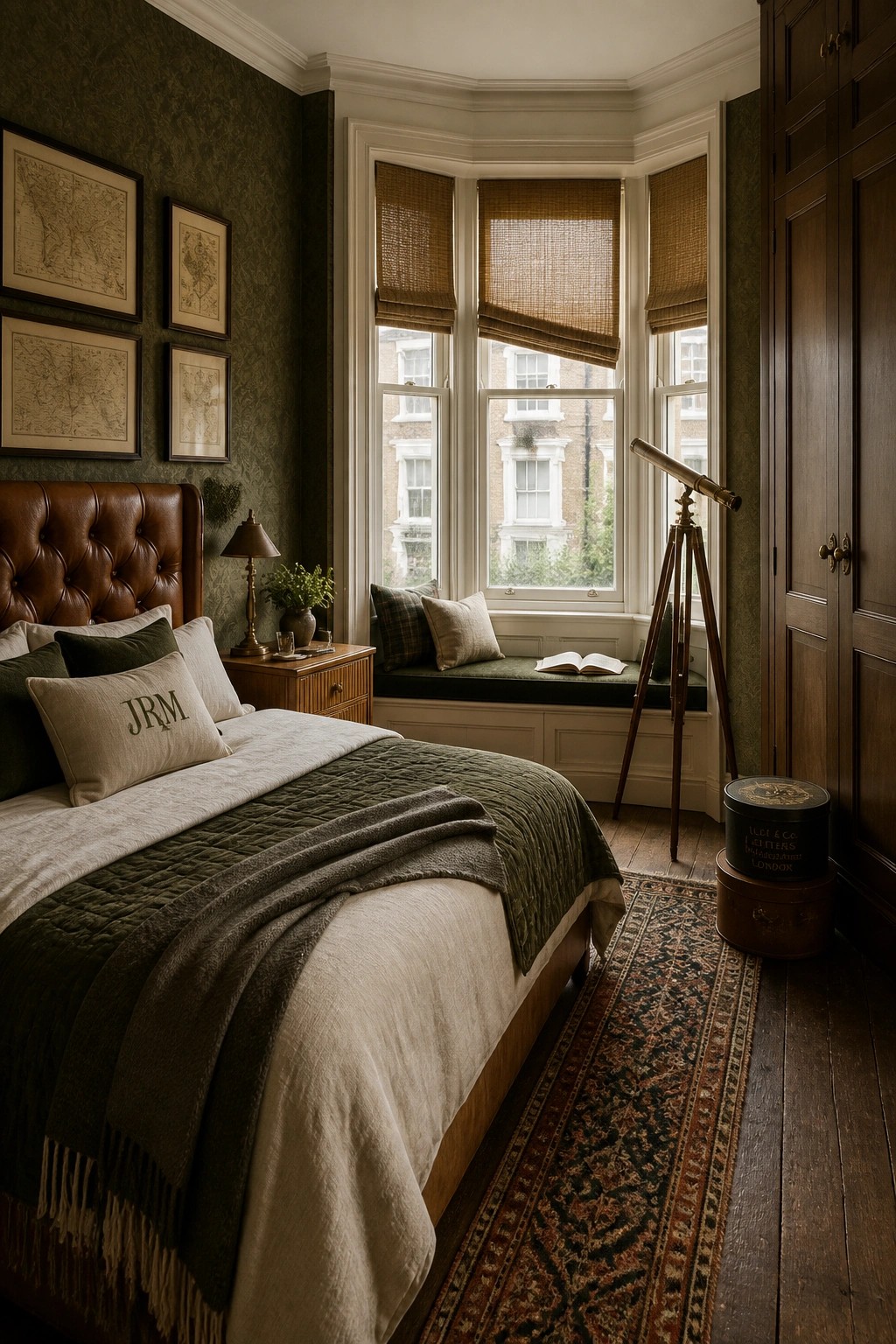 A bedroom interior with a large bed, brown leather headboard, green and beige bedding, and a bay window with a built-in cushioned seat holding an open book, next to a wooden telescope and tall dark cabinet.