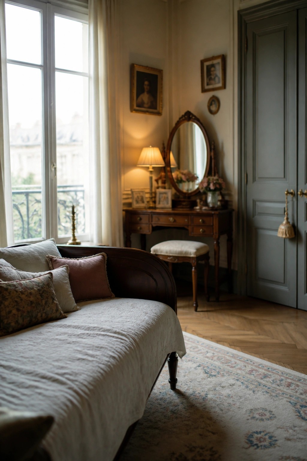 A bedroom with a daybed covered in white and neutral pillows positioned under tall windows, next to a wooden vanity with an oval mirror.