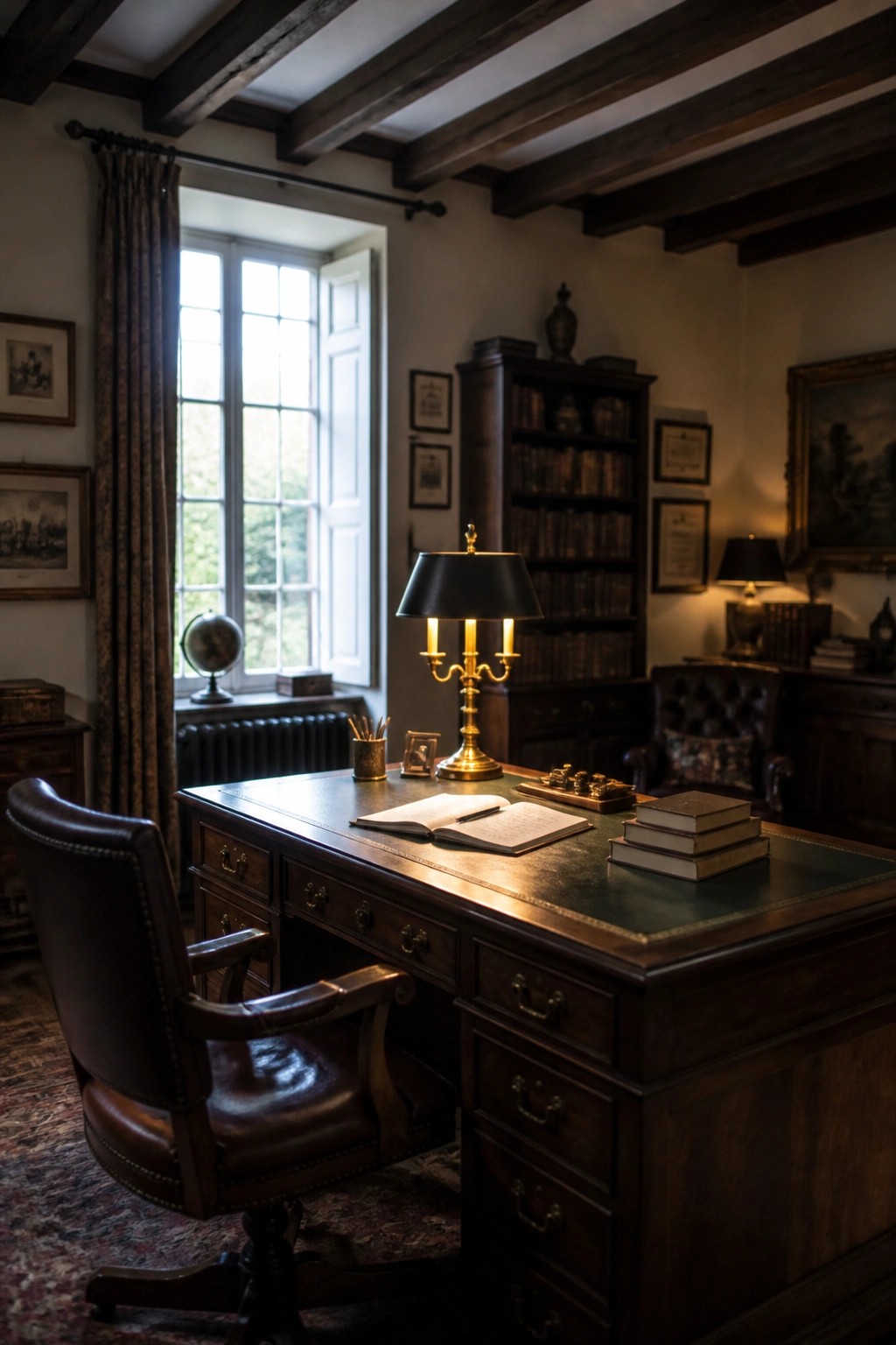 A dark wood desk with a green leather top and matching leather chair sits in a traditional study with bookshelves and a window.