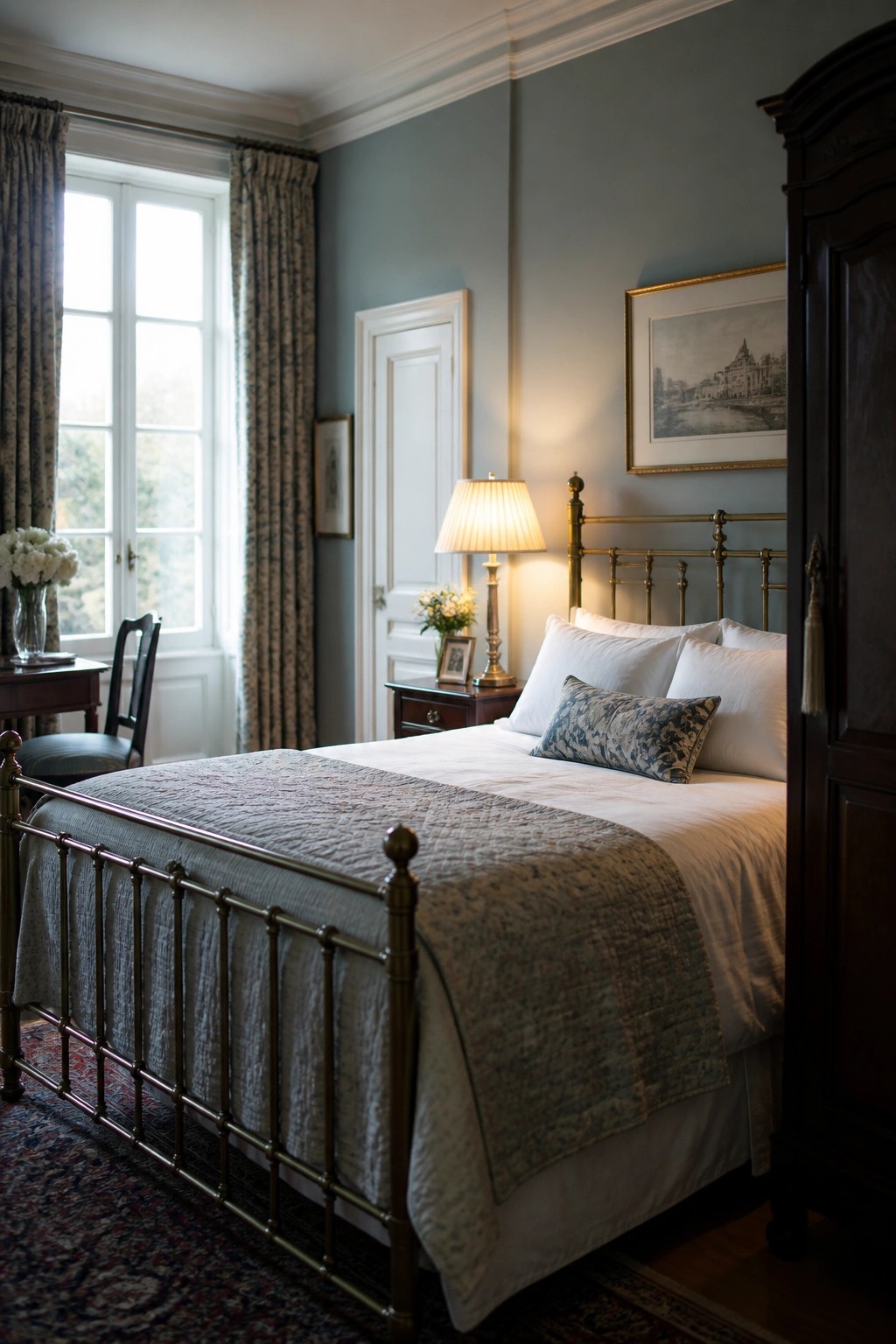 A bedroom with a brass bed frame, white bedding, blue-gray walls, a wooden wardrobe, and a window with patterned curtains.