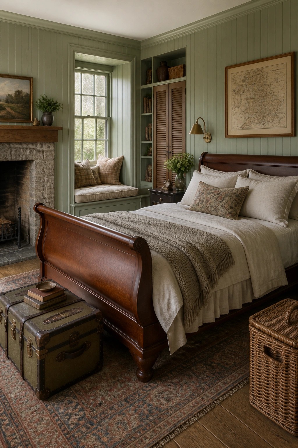 A bedroom featuring a dark wood sleigh bed, green paneled walls, a stone fireplace, and a built-in window seat with cushions beneath a multi-paned window.