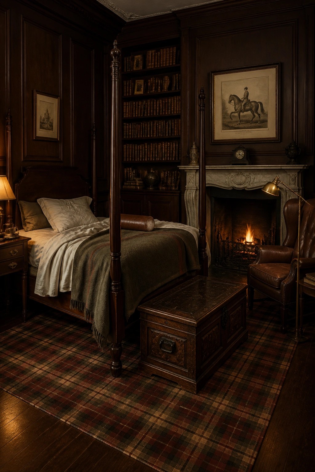 Dark wood-paneled bedroom with four-poster bed, fireplace, bookshelves, and leather chair on plaid rug.