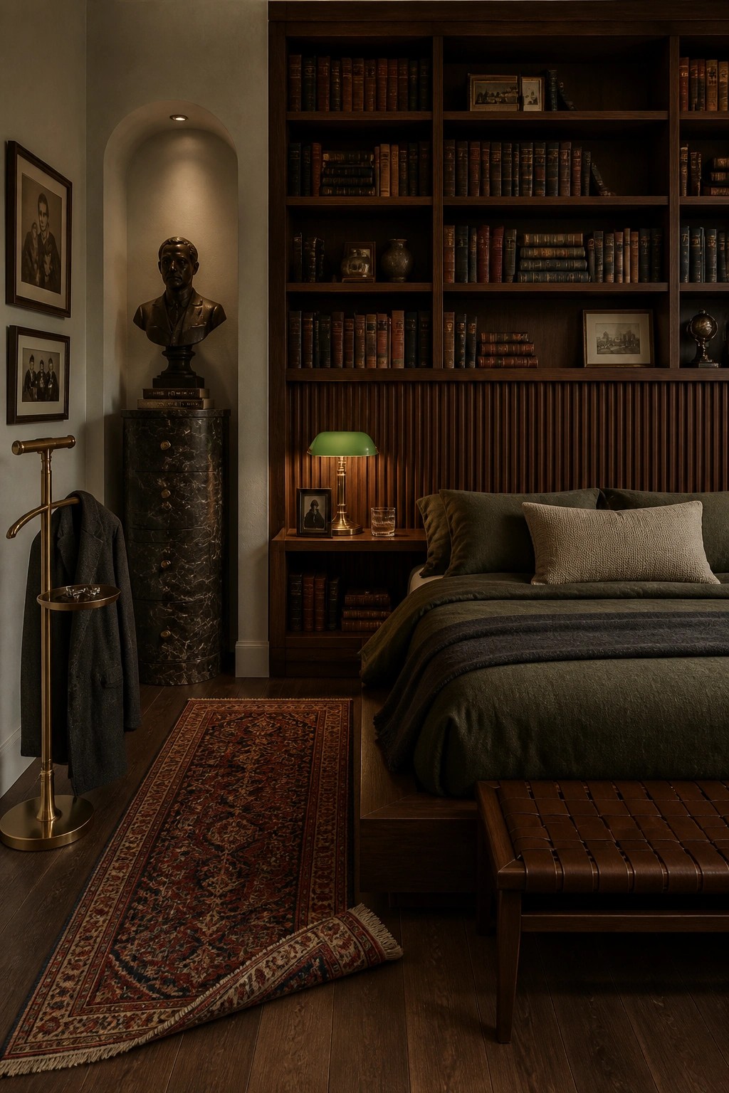 A bedroom featuring a large built-in dark wood bookshelf spanning the wall behind a bed with green bedding, a green lamp on the nightstand, and a patterned rug on the hardwood floor.