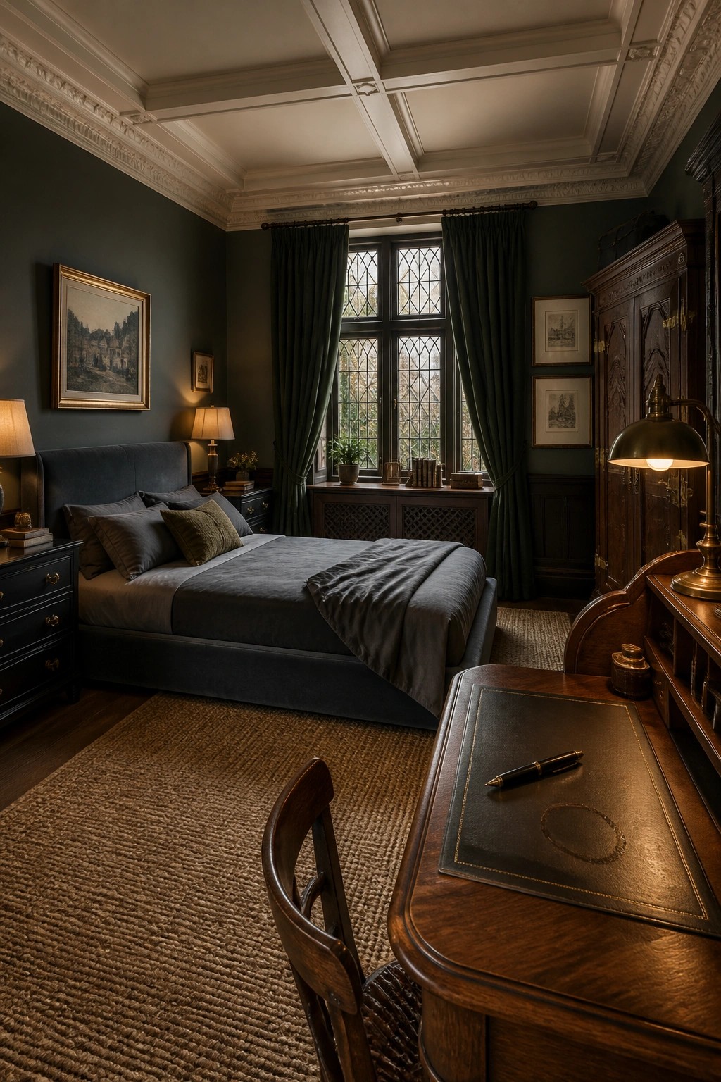 A bedroom interior with dark green walls, a large bed with gray bedding, a wooden desk with a leather blotter in the foreground, and a window with green curtains.