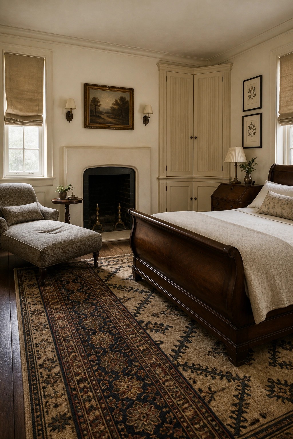 A bedroom with a dark wood sleigh bed, fireplace, upholstered armchair, and large patterned area rug on wood flooring.