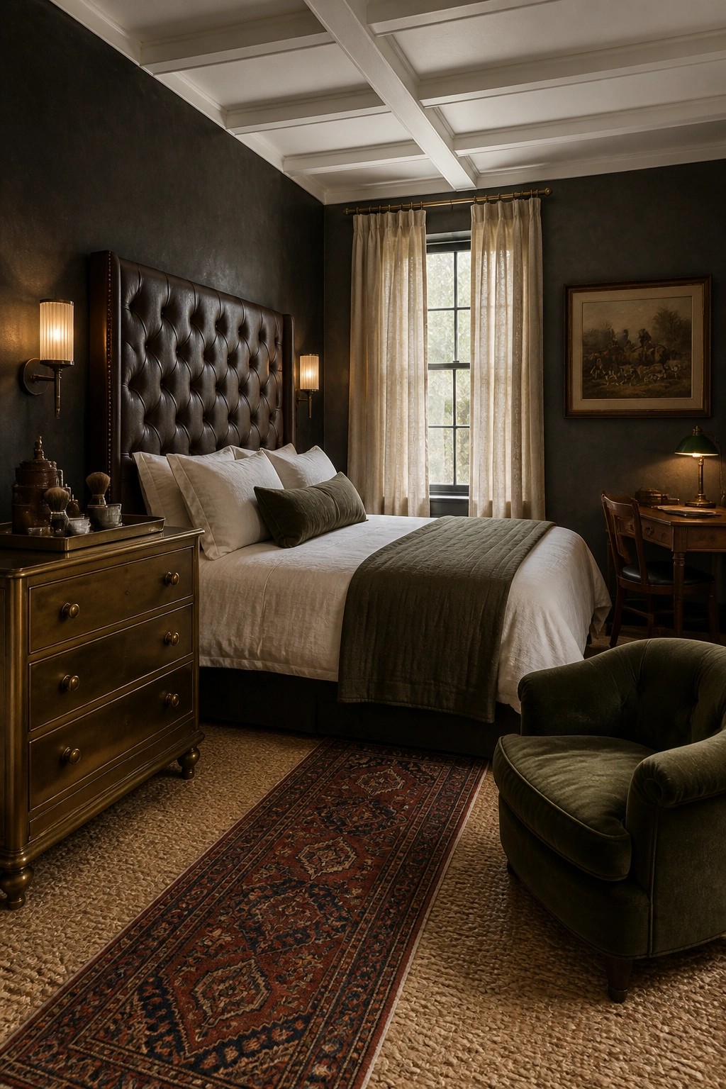 A bedroom featuring dark walls, a large brown tufted leather headboard with white pillows, a green velvet armchair, a patterned runner rug, and a wooden dresser on the left.