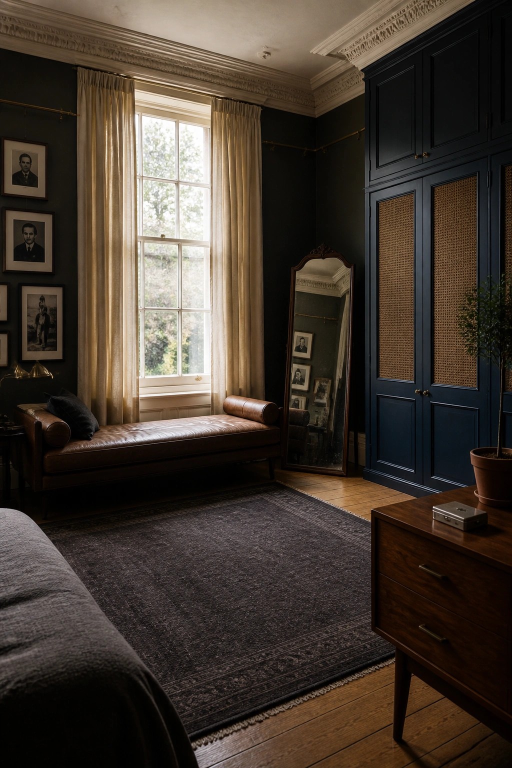 Dark room with leather chaise, navy wardrobe, mirror, rug and curtained window.
