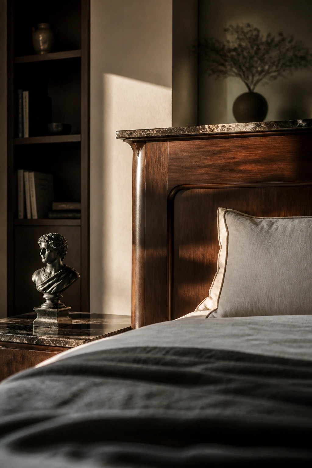 A close view of a dark wooden bed headboard next to a marble-topped nightstand holding a small classical bust, with built-in shelves visible in the background.