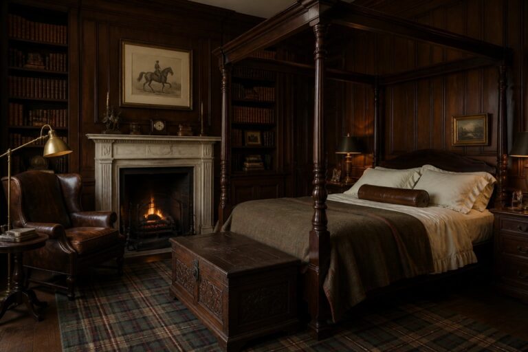 22 Old Money Gentleman Bedroom Ideas for Understated Elegance Dark wood-paneled bedroom with four-poster bed, fireplace, bookshelves, and leather chair on plaid rug.