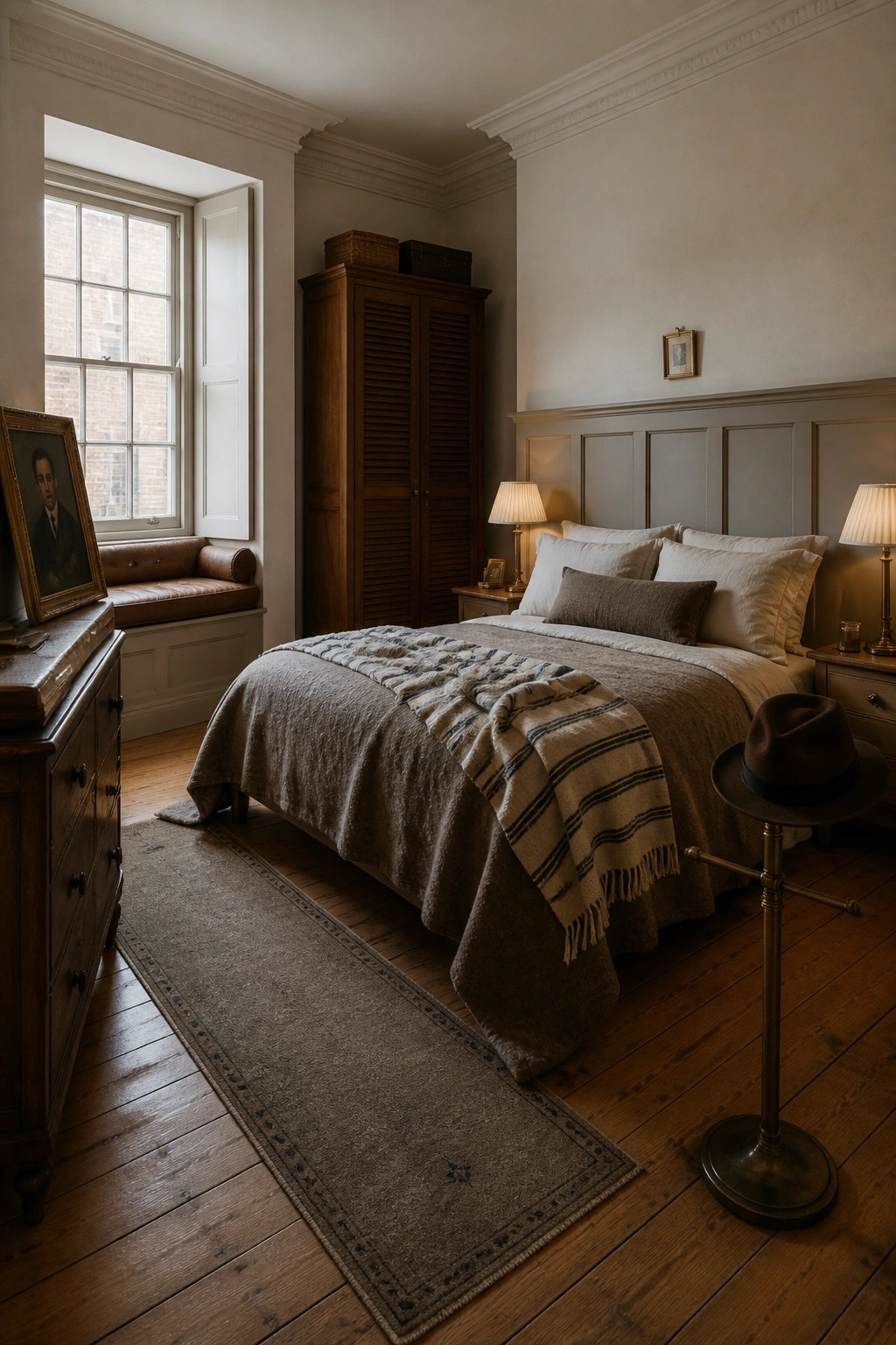 Cozy bedroom with large bed, wooden wardrobe, window seat, and vintage furnishings.