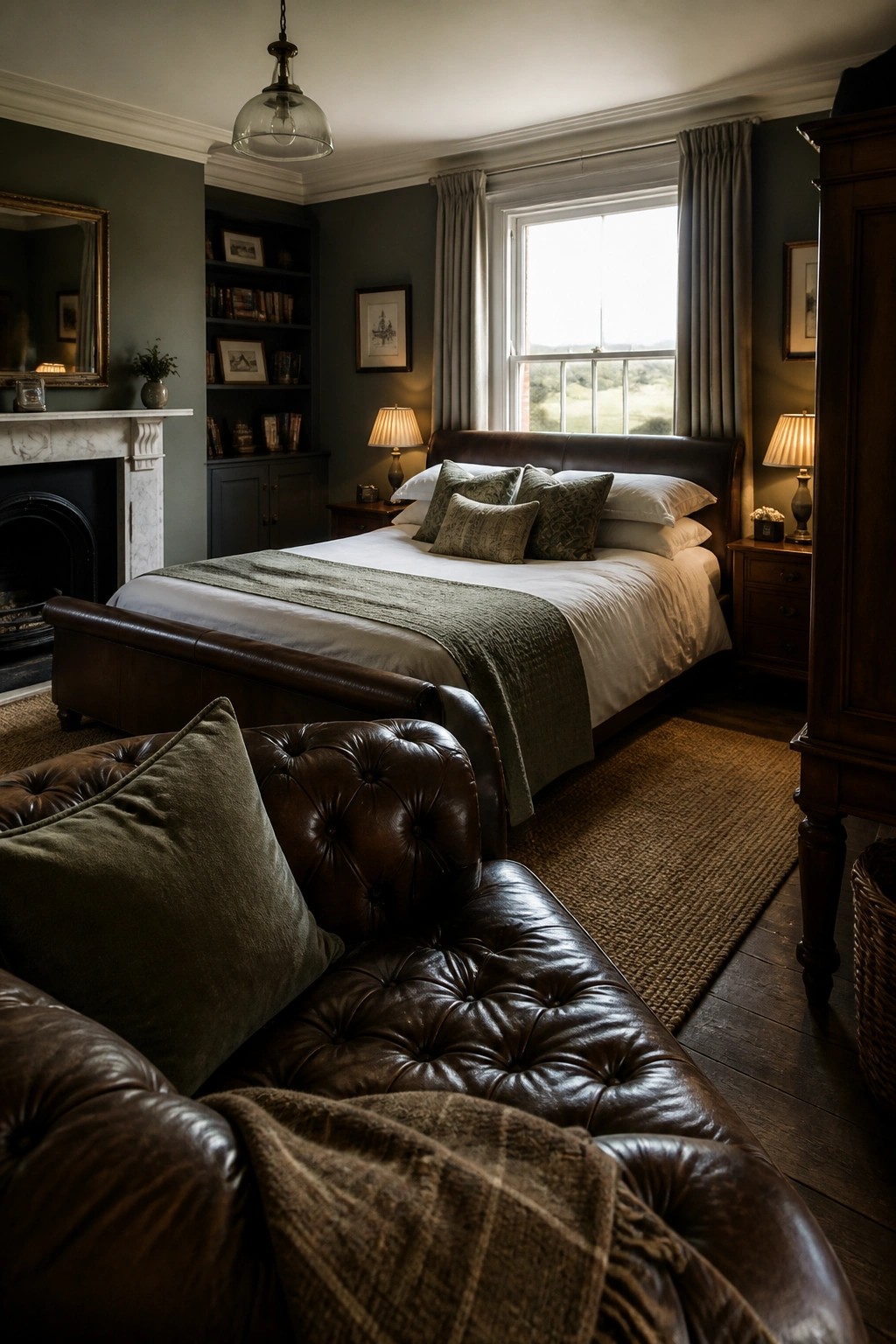 A bedroom with a large bed dressed in white linens and green pillows, a tufted brown leather sofa in the foreground, dark green walls, built-in bookshelves, and a window with curtains.