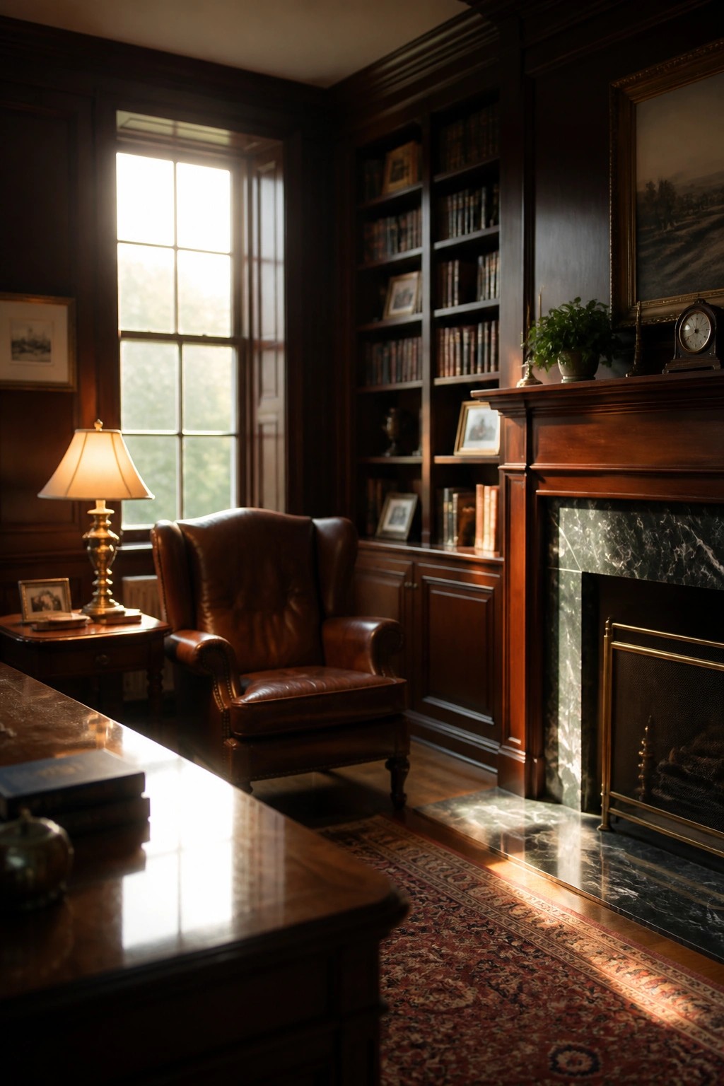 A brown leather wingback chair sits in front of dark wood built-in bookshelves beside a marble fireplace in a wood paneled room.