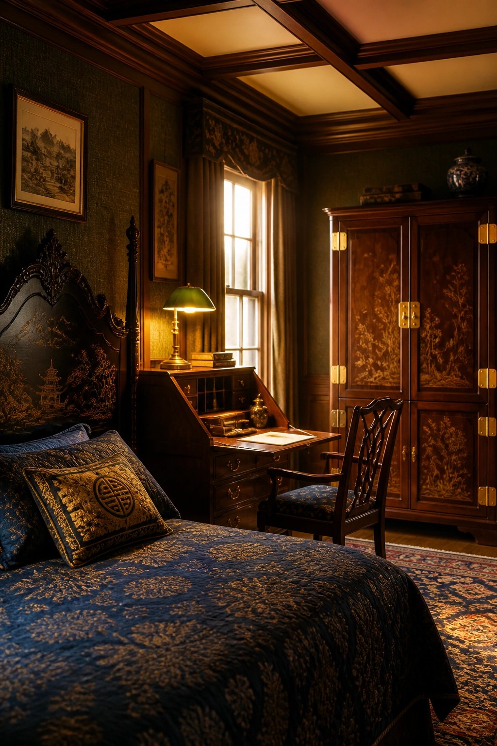 A dimly lit traditional bedroom with a large dark wood bed in the foreground, a slant-front writing desk under a window with a green lamp, and a tall wooden armoire against the right wall.