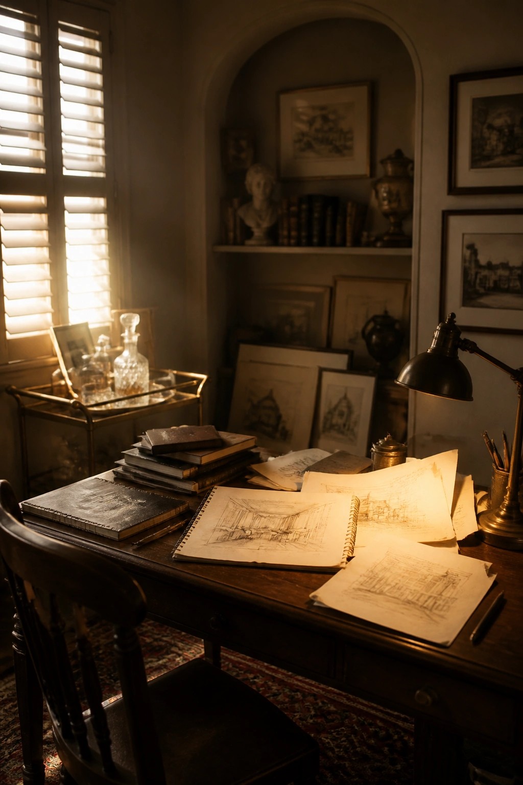 Vintage desk cluttered with architectural sketches under glowing lamp in dim study.
