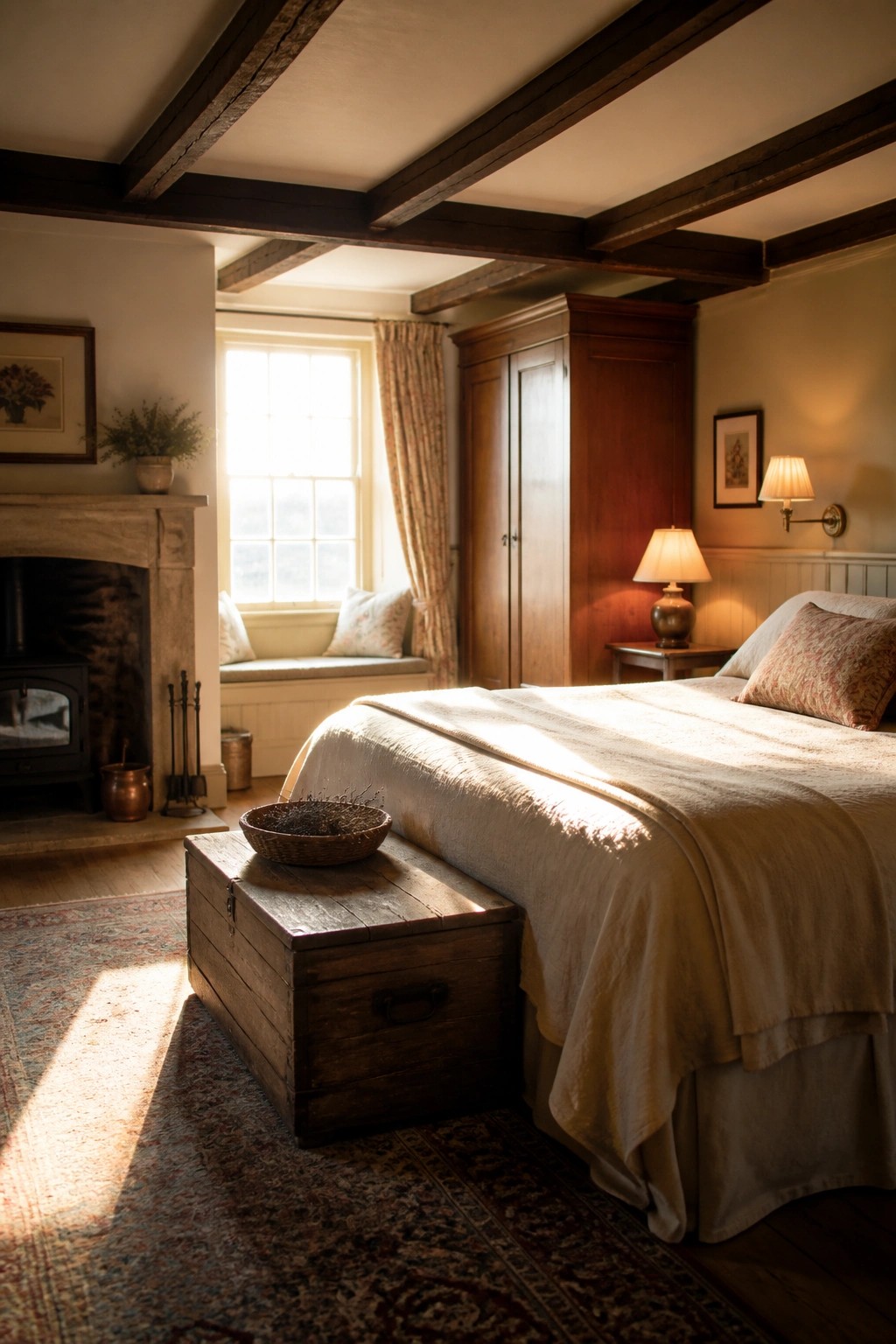 A sunlit bedroom featuring a large bed with white linens, a dark wooden chest at the foot, exposed ceiling beams, a fireplace on the left, and a window with curtains.