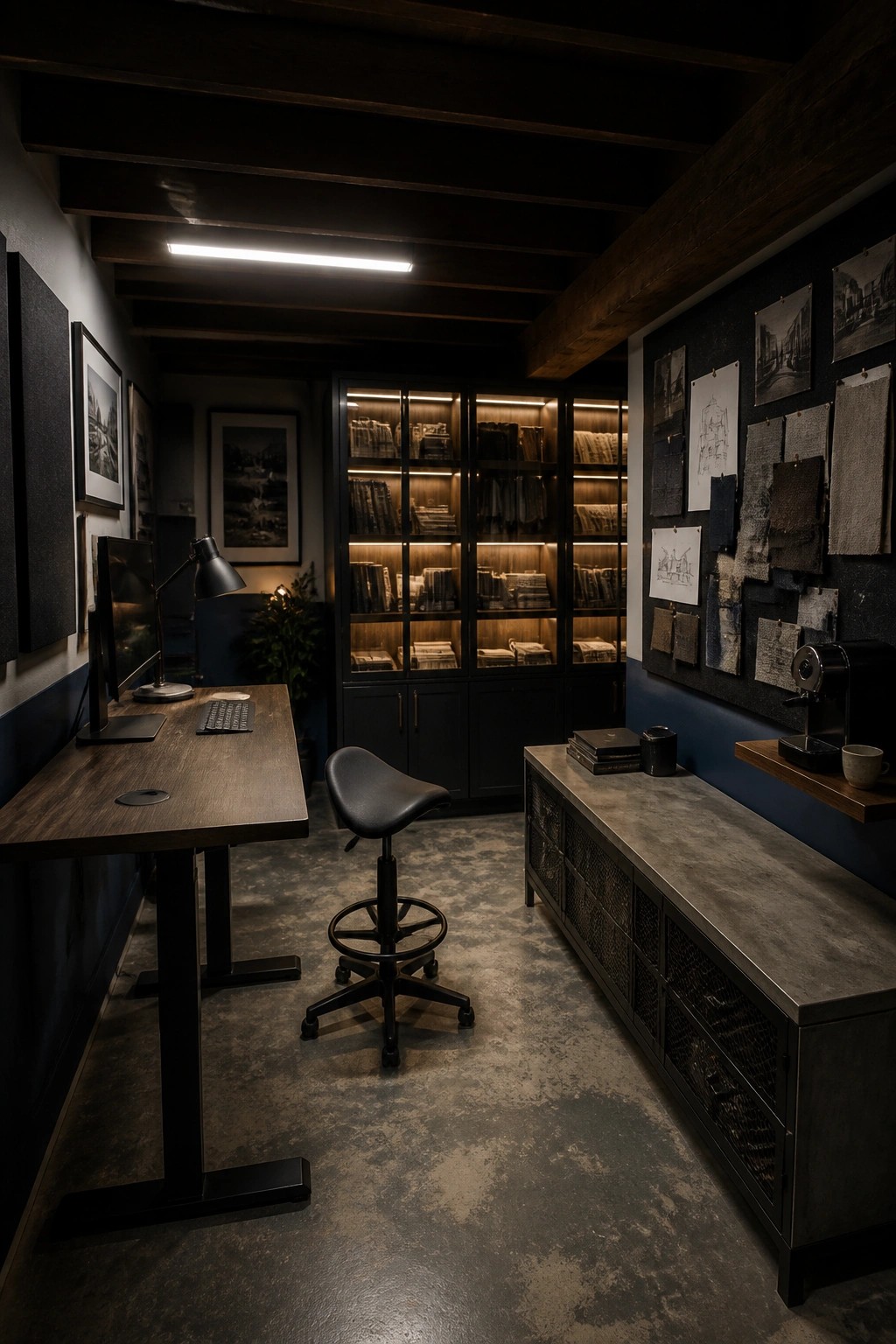 Modern dark office with wooden desk, black stool, lit bookshelves, and mood board.