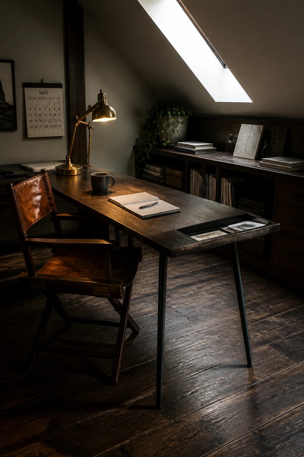 A wooden desk with a recessed tray on the right side holding papers, next to an open notebook and desk lamp, with a leather chair pulled up in an attic office.