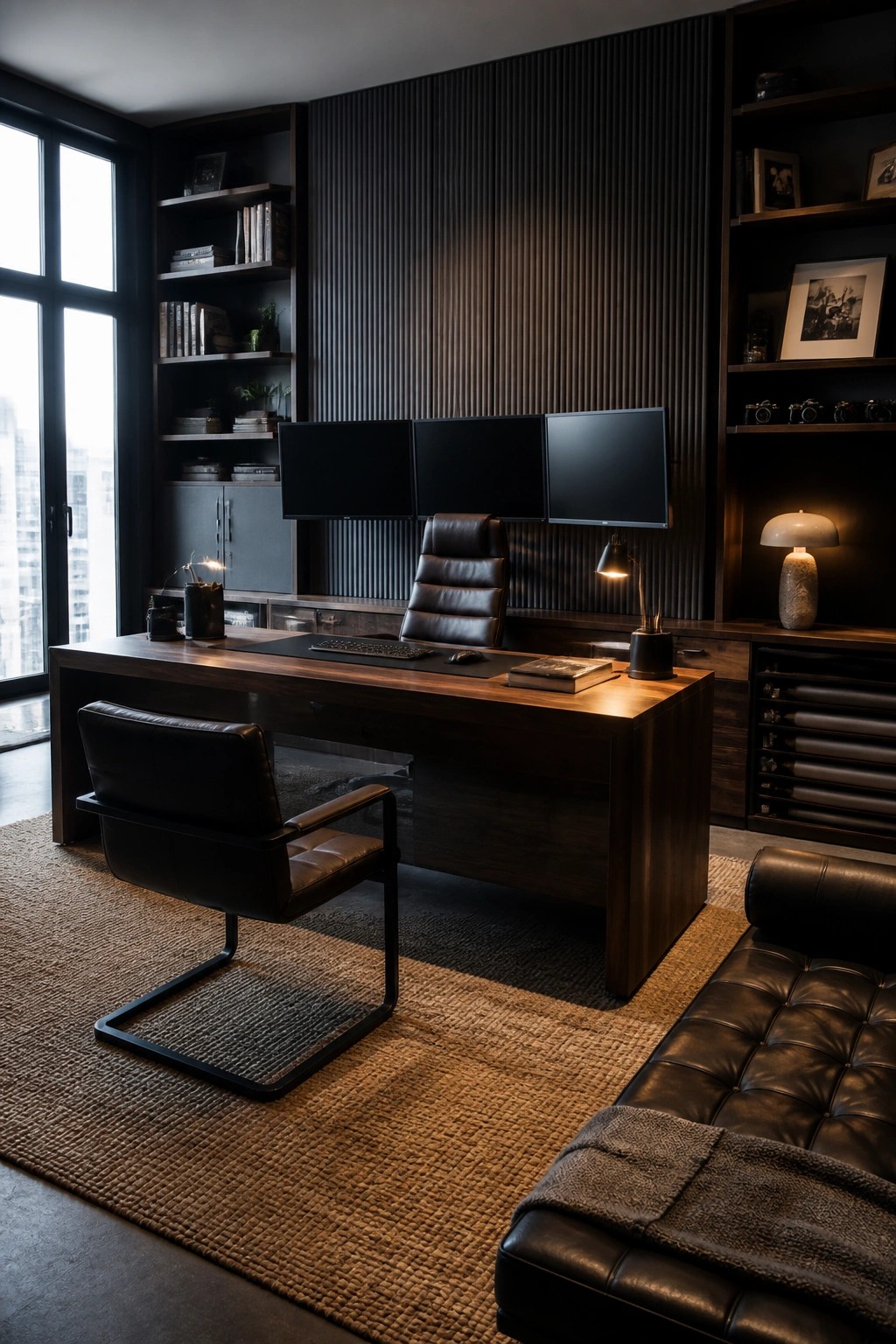 A dark masculine home office featuring a large wooden desk with three monitors, a leather office chair behind the desk, and a second leather visitor chair positioned in front on a woven rug, flanked by built-in shelves.