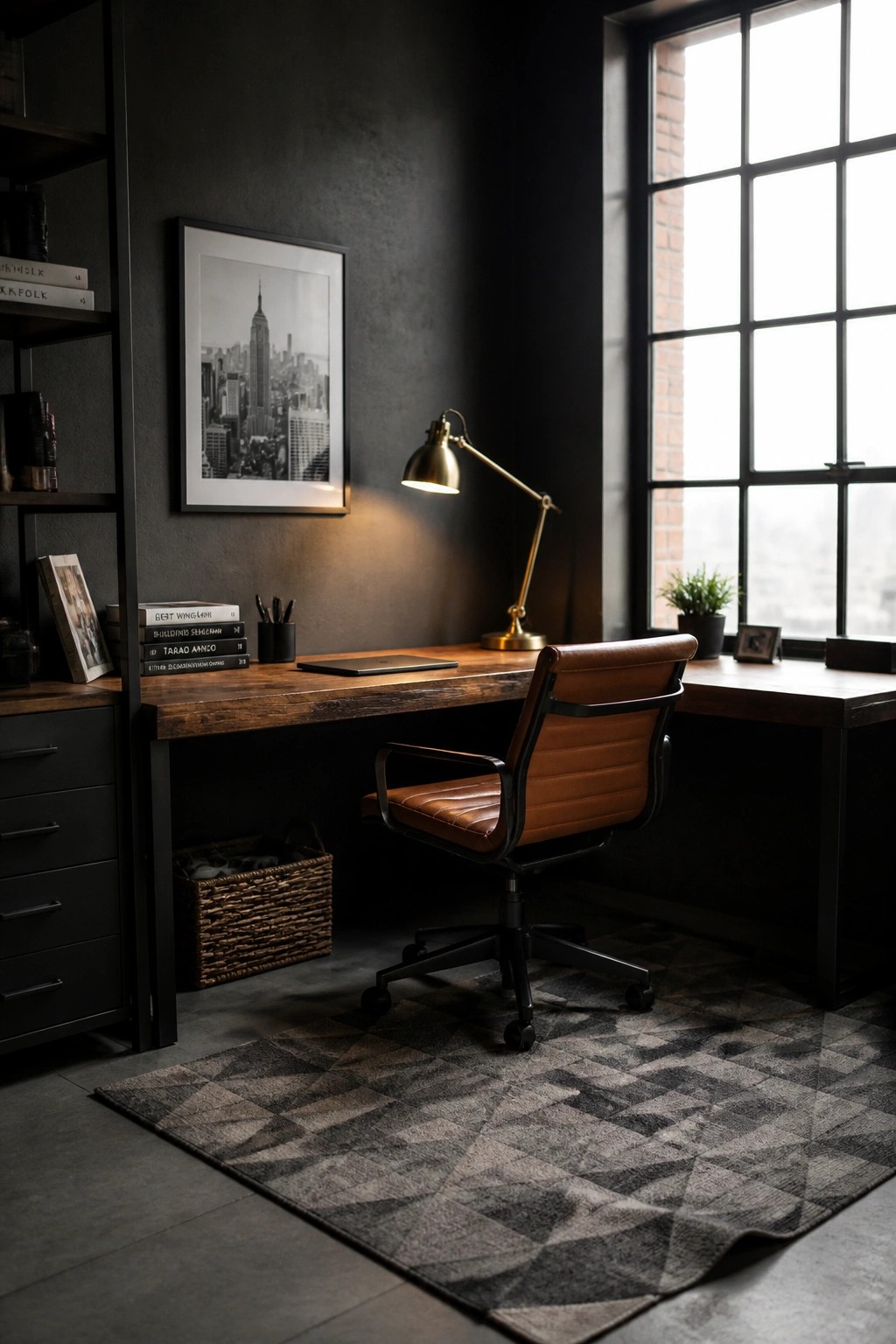 A home office with a dark wood desk against a charcoal wall, a brown leather chair on a large gray geometric rug, and a brass desk lamp beside a large window.