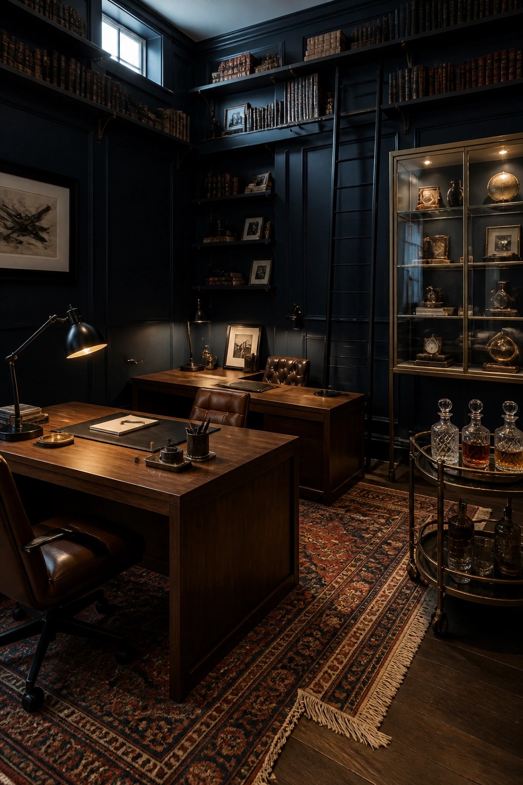 A dark navy home office with wooden desks, leather chairs, extensive built-in bookshelves, a library ladder, and a glass display cabinet holding decanters.