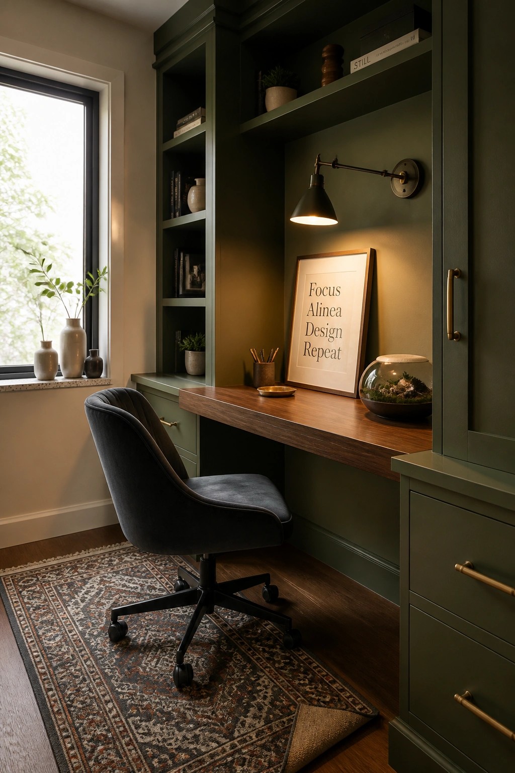 A home office with a built-in wooden desk, dark green cabinetry and shelving, a dark upholstered swivel chair, and a window on the left side.