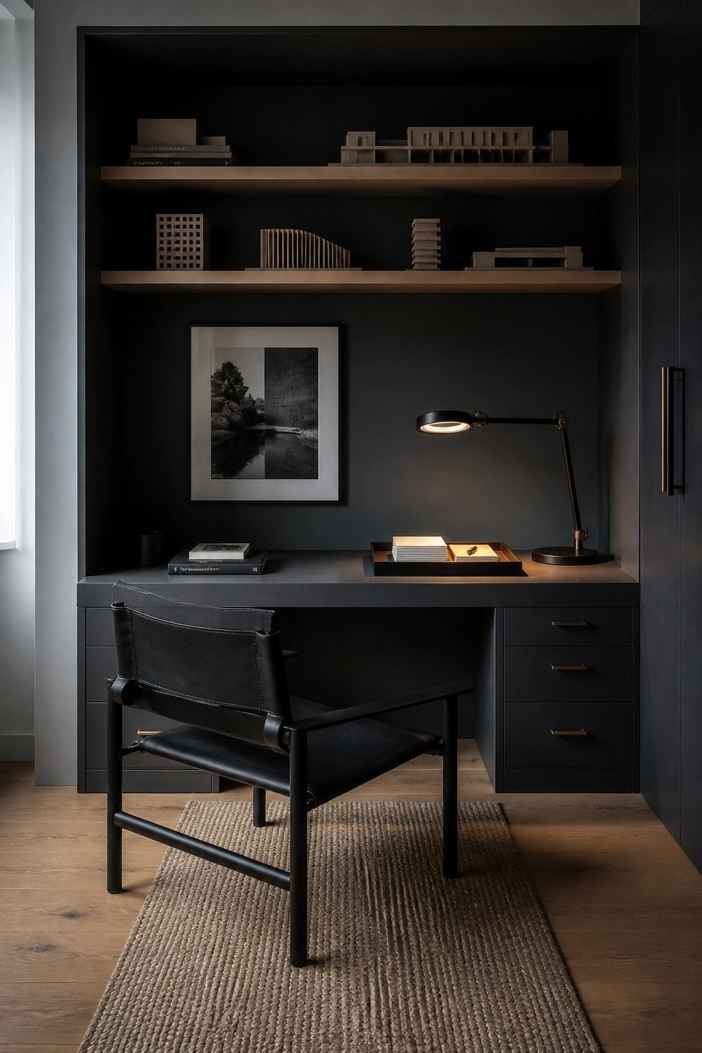 Dark modern office nook with black leather chair, desk lamp, and model shelves.