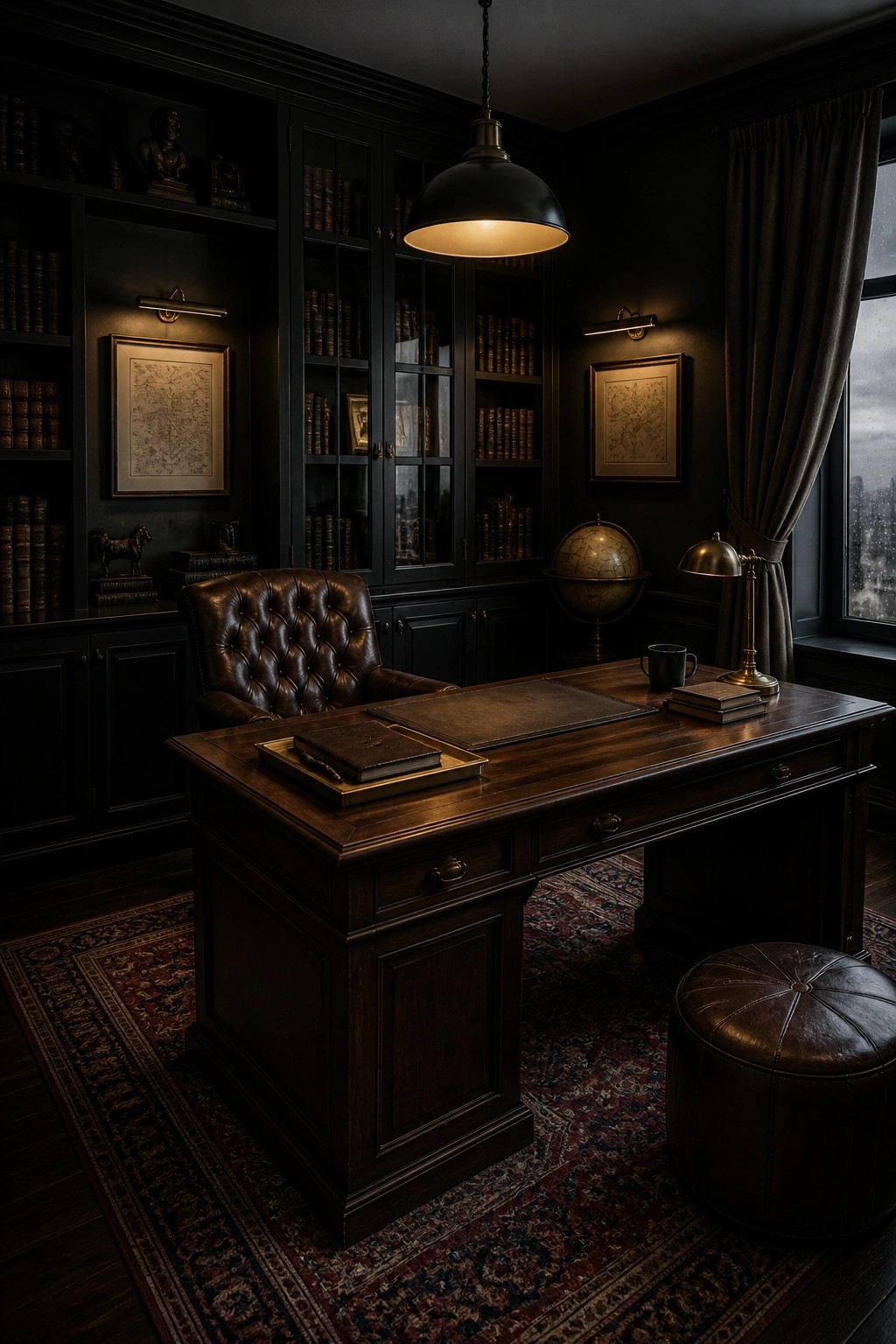 A dark wood desk with a tufted leather chair sits in a masculine home office with built-in bookshelves, a globe, and a patterned rug.