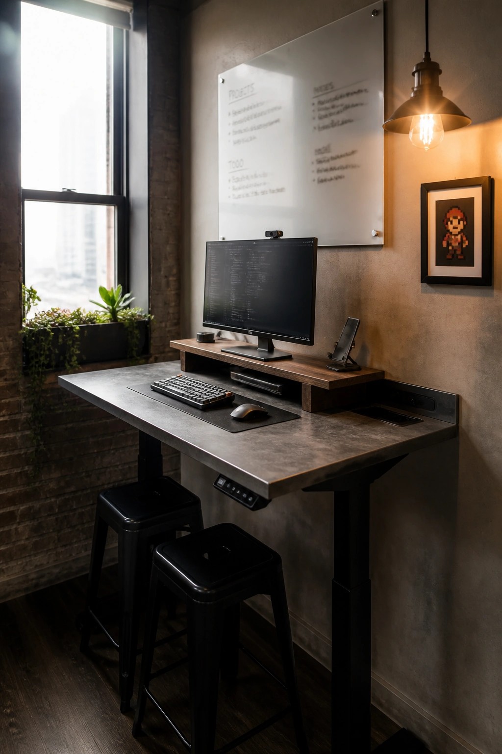 A modern home office features a height-adjustable desk with a concrete top, wooden monitor riser, keyboard, mouse, and two black stools underneath, positioned against a brick wall with a whiteboard above.