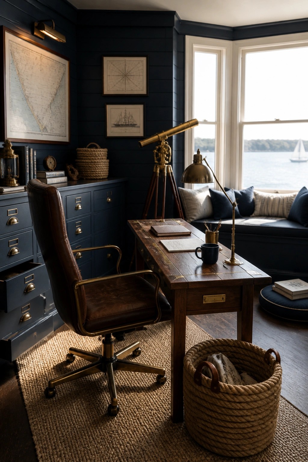 A masculine home office with dark navy walls, a wooden desk, brown leather swivel chair, and a window seat with a water view.