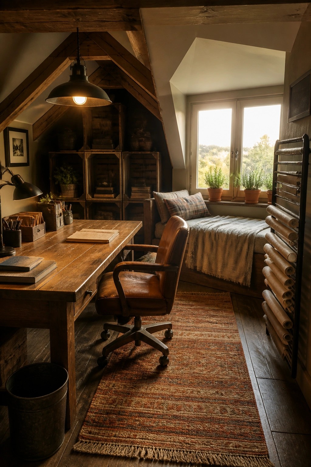 A wooden desk and brown leather office chair rest on a striped area rug in an attic room with built-in bookshelves and a window seat.