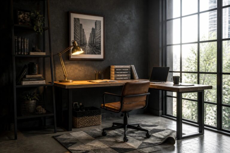 22 Practical Masculine Home Office Layout Ideas That Improve Your Routine A home office with a dark wood desk against a charcoal wall, a brown leather chair on a large gray geometric rug, and a brass desk lamp beside a large window.