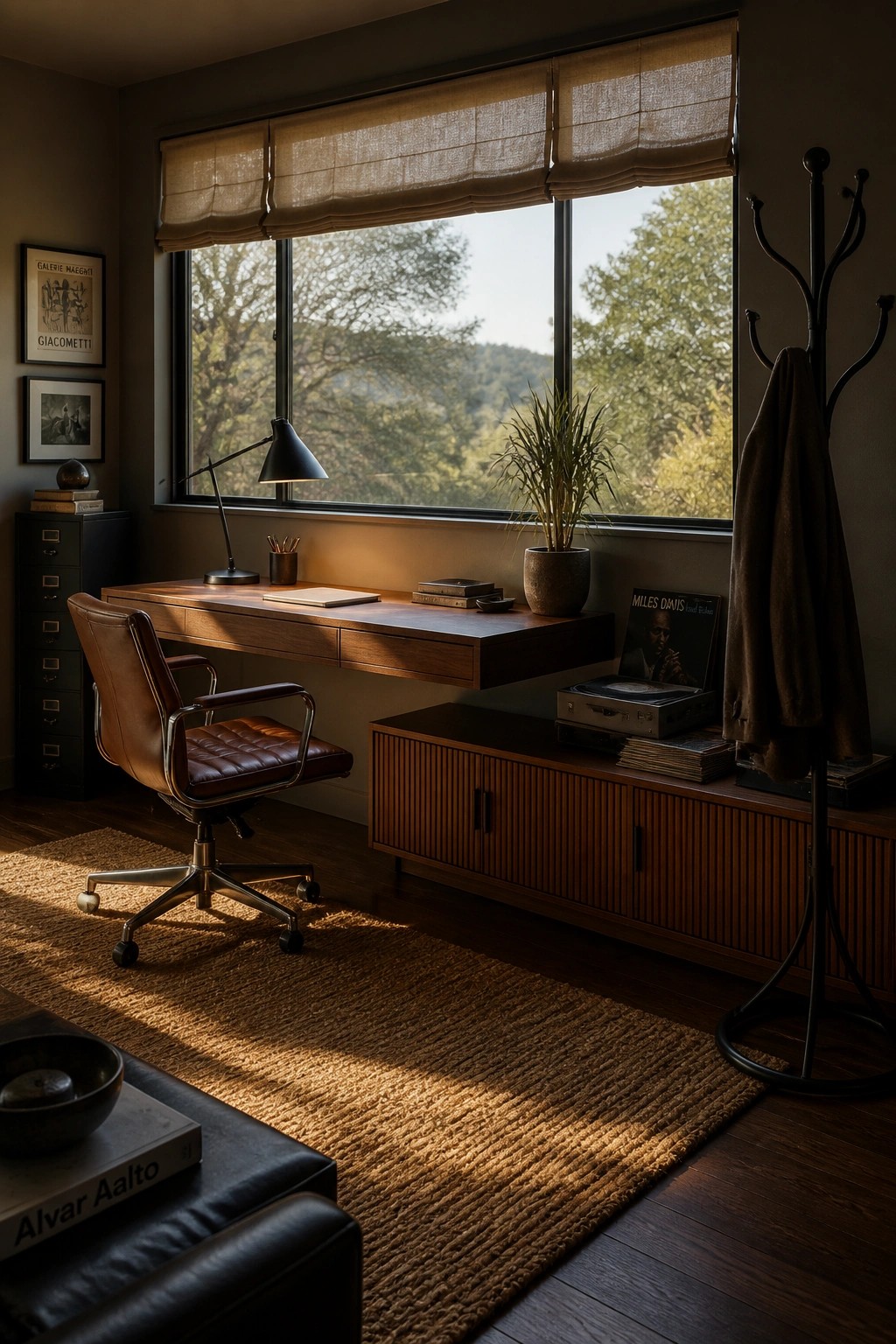 A home office featuring a wooden floating desk beneath a large window, a brown leather swivel chair, a woven rug, and a wooden storage cabinet with a record player.
