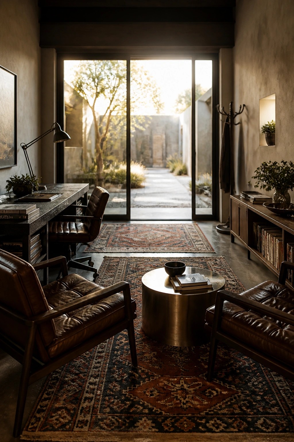 A masculine home office interior with a dark wood desk and leather office chair on the left, two brown leather armchairs facing a round metal coffee table on layered patterned rugs, and large glass doors opening to a courtyard.