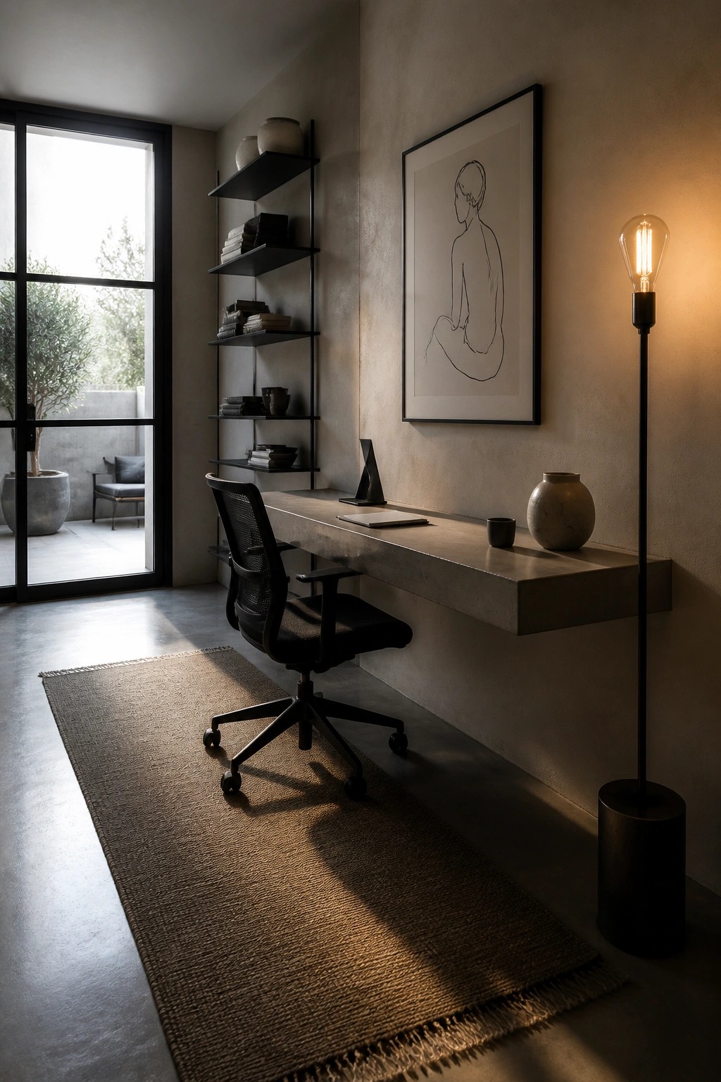 A home office featuring a long floating concrete desk mounted on a textured wall, with black wall shelves above, a black mesh office chair on a woven rug, and a tall floor lamp next to a framed line drawing.
