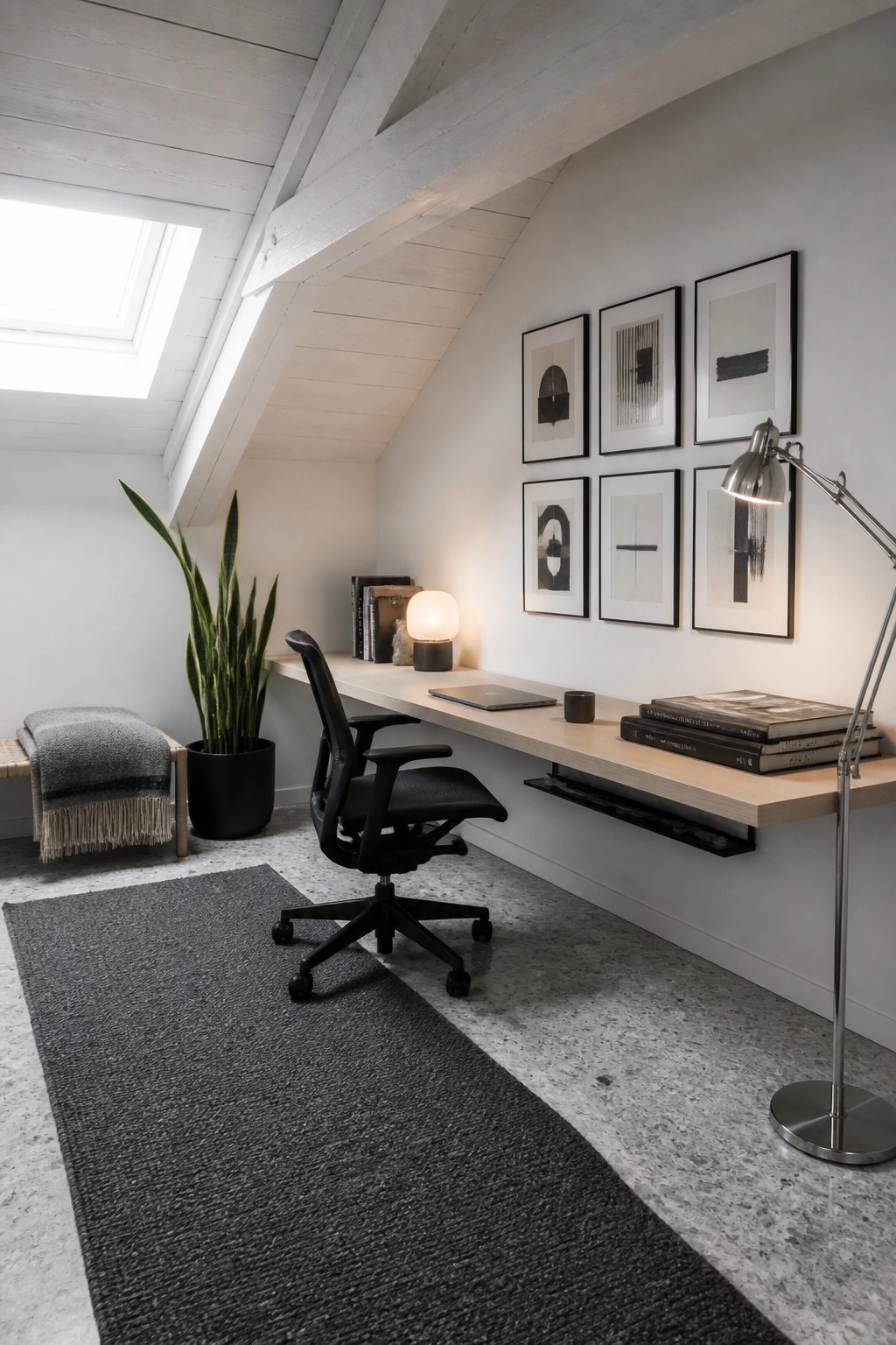 A minimalist home office featuring a long floating wood desk mounted along a white wall beneath framed black and white artwork, with a black office chair on a dark rug and a potted plant to the side.