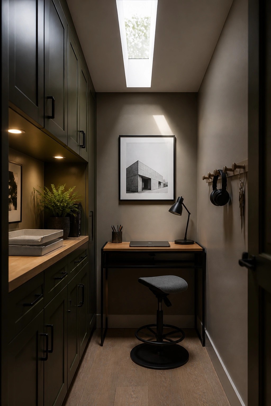 A narrow interior room with dark cabinets along the left wall, a slim wooden desk centered under a skylight, and a gray stool in front of the desk.