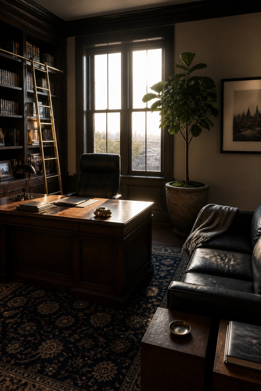 A masculine home office featuring a large wooden desk placed directly in front of a tall window, with dark built-in bookshelves on the left and a black leather sofa on the right.