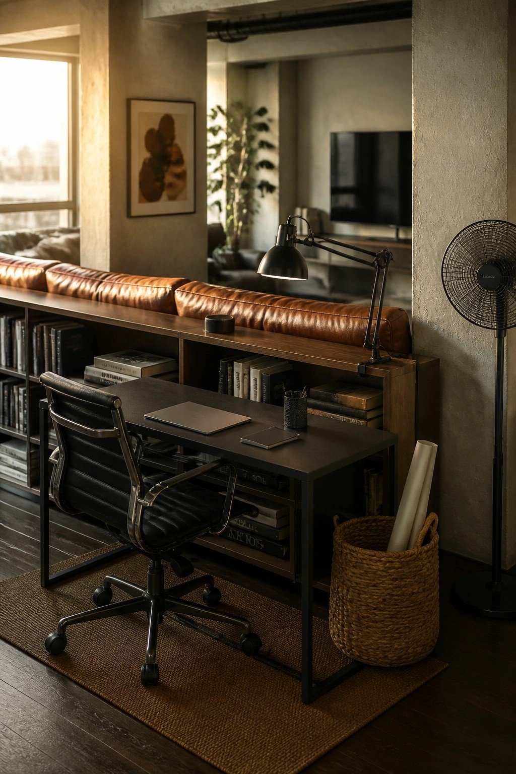 A home office with a black desk and office chair in front of wooden shelving that holds books and supports a long brown leather bench seat along the wall.