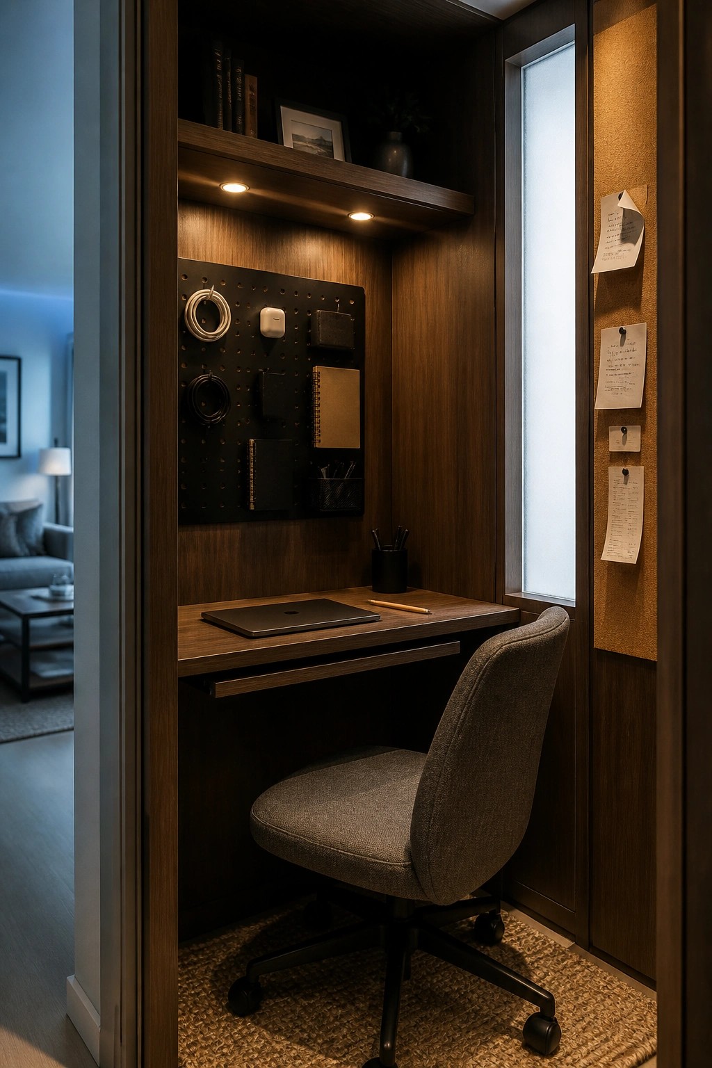 A compact home office nook with a wooden desk, gray swivel chair, black pegboard, corkboard with papers, and overhead shelf lighting.
