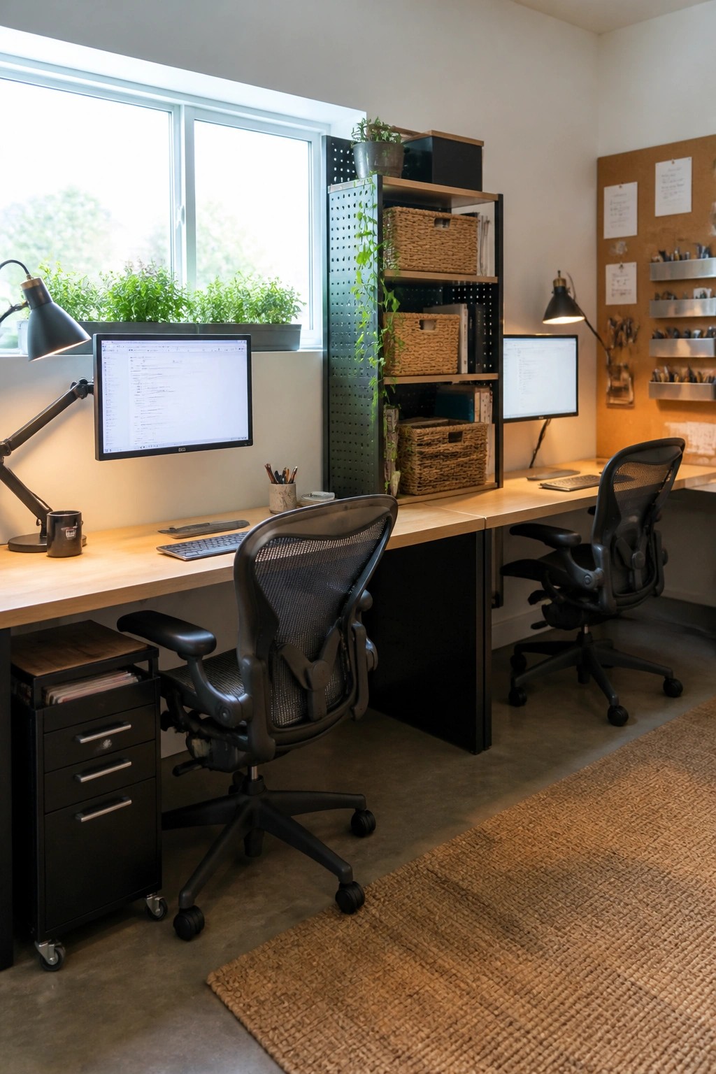 A home office featuring a long wooden desk with two computer monitors, ergonomic mesh chairs, a black filing cabinet, and wall-mounted shelves with storage baskets.