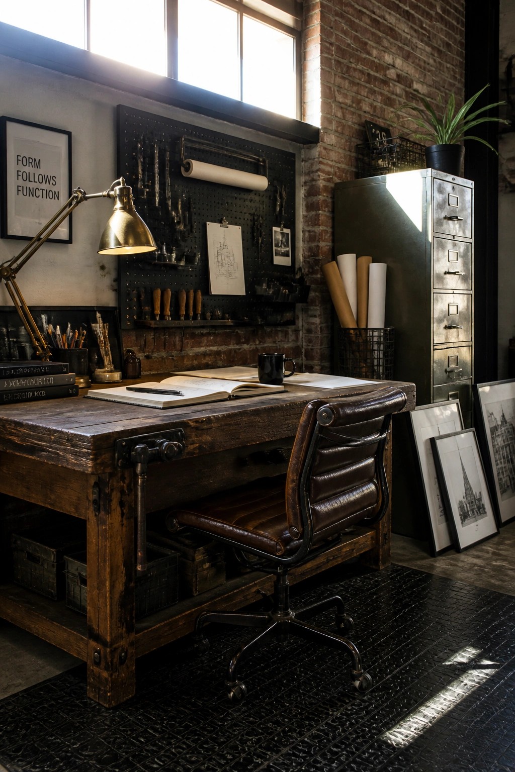A rustic wooden desk with an open notebook and black mug sits in front of a black pegboard wall holding tools, rolled paper, and clipped drawings in an industrial-style room.