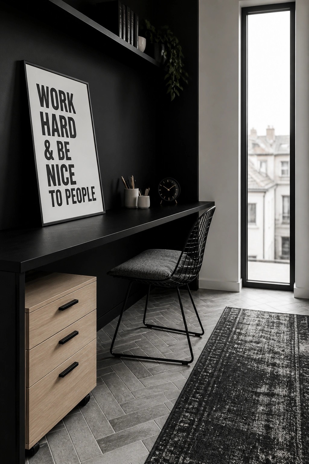 A modern home office with a long black wall desk, a black wire chair, a light wood rolling drawer cabinet, and a large framed quote on the dark wall.