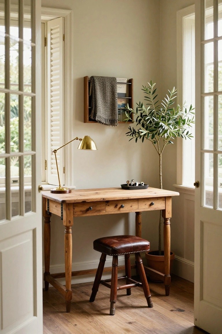 A narrow wooden desk with a brown leather stool tucked underneath sits between two open doors, with a brass lamp on the desk and a wall-mounted shelf above holding a gray blanket.