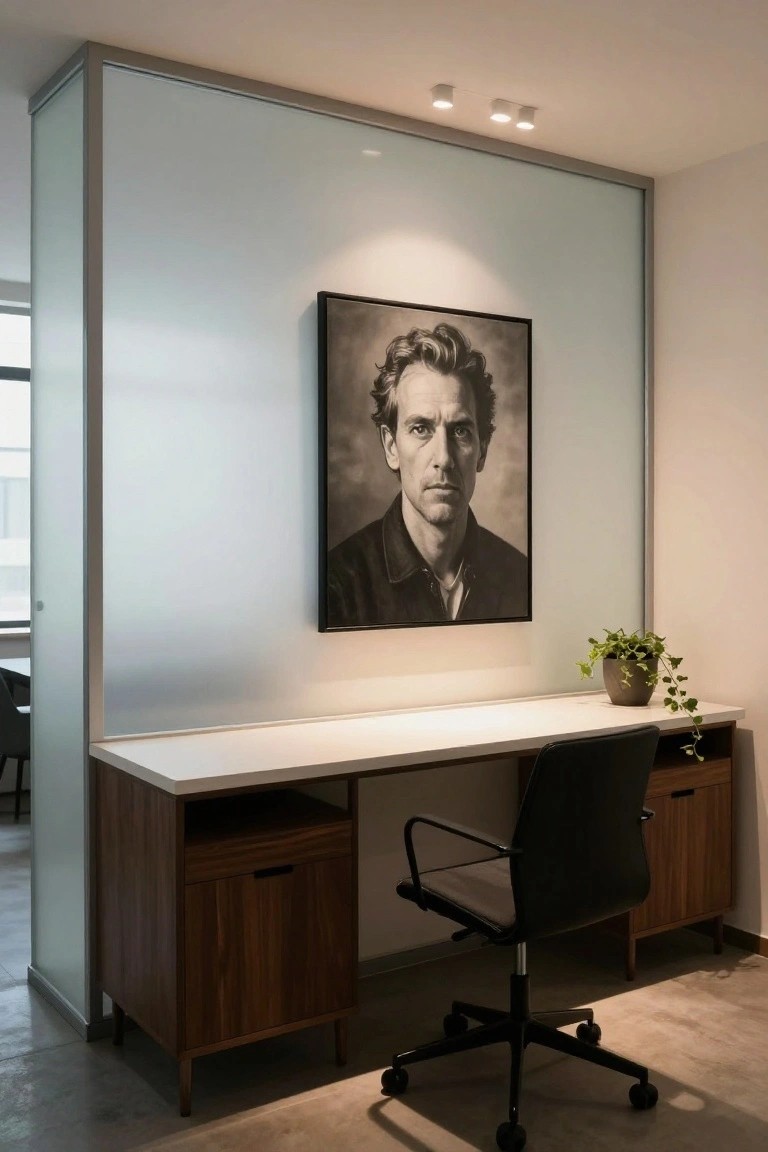 A compact office desk with dark wood storage cabinets on both sides, a black swivel chair, and a large portrait hanging above on a light wall.